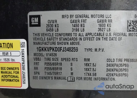 2015 GMC Acadia Sle-2 from USA, damaged, VIN 1GKKVPKD0FJ348259